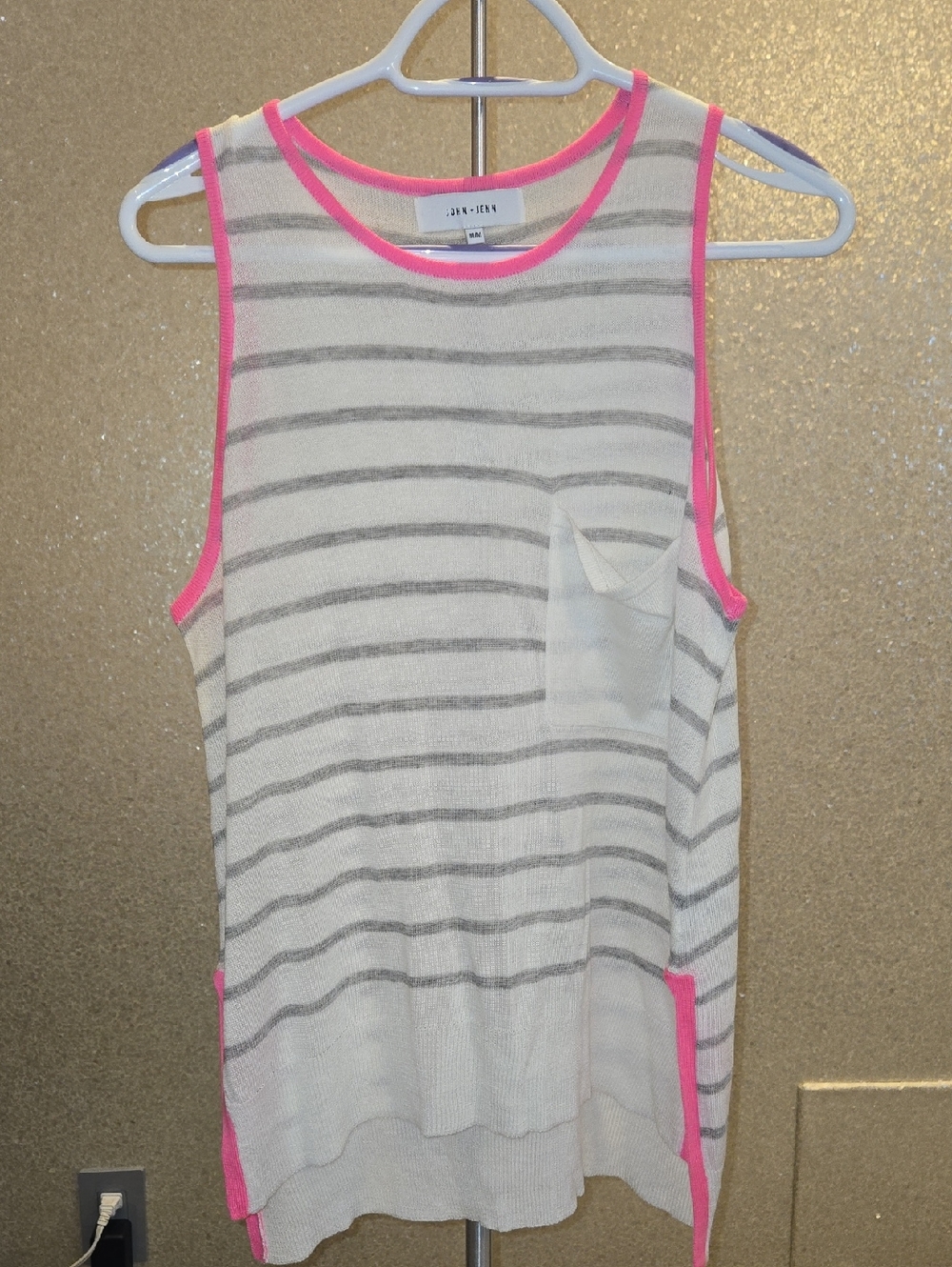 John + Jenn Cream and Gray Striped Sleeveless Pocket Top with Pink Trim